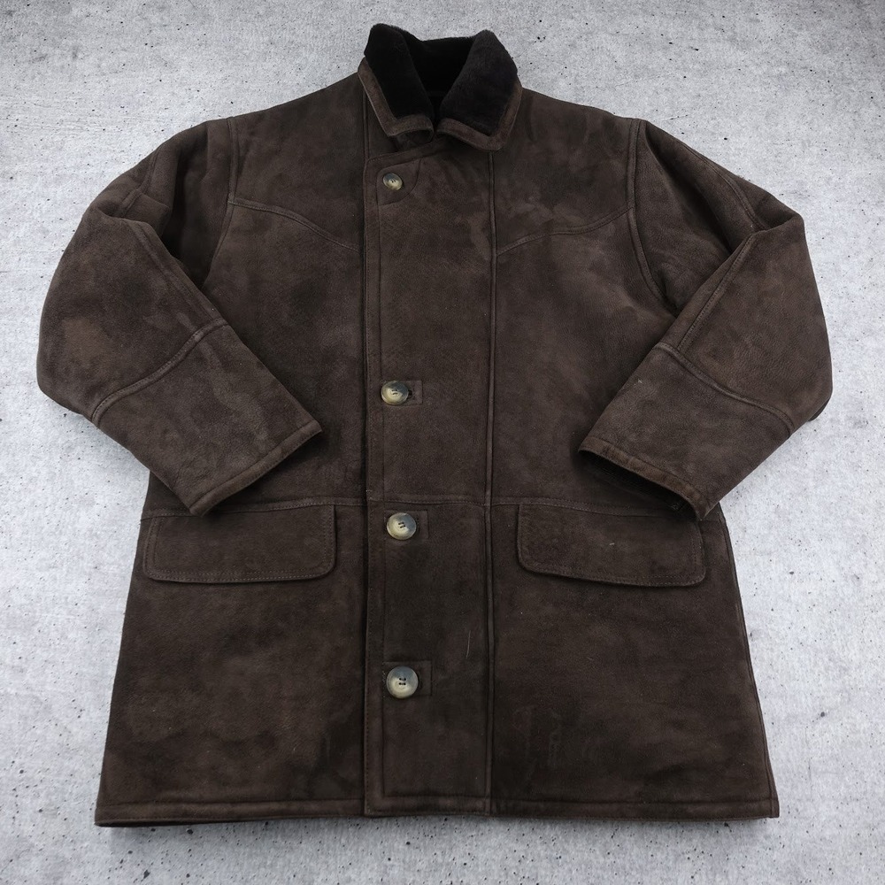 Vintage Orvis Brown Shearling Lambskin Suede Rancher Parka Coat Mens Medium 301Q